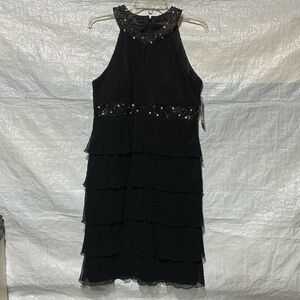 Jessica Howard NWT Black Tiered Halter Beaded Cocktail Dress Sz 12